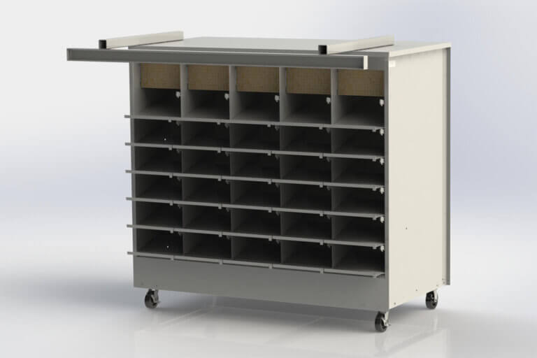 Gray and white wheeled sort bin with thirty compartments arranged in six rows and five columns, featuring pegboard backing in the top row.