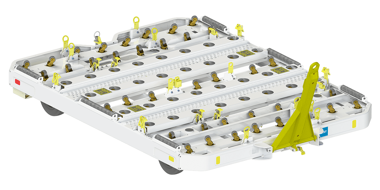 Bravo Dolly with multiple securing points, track system, and yellow tie-down hooks on white frame.