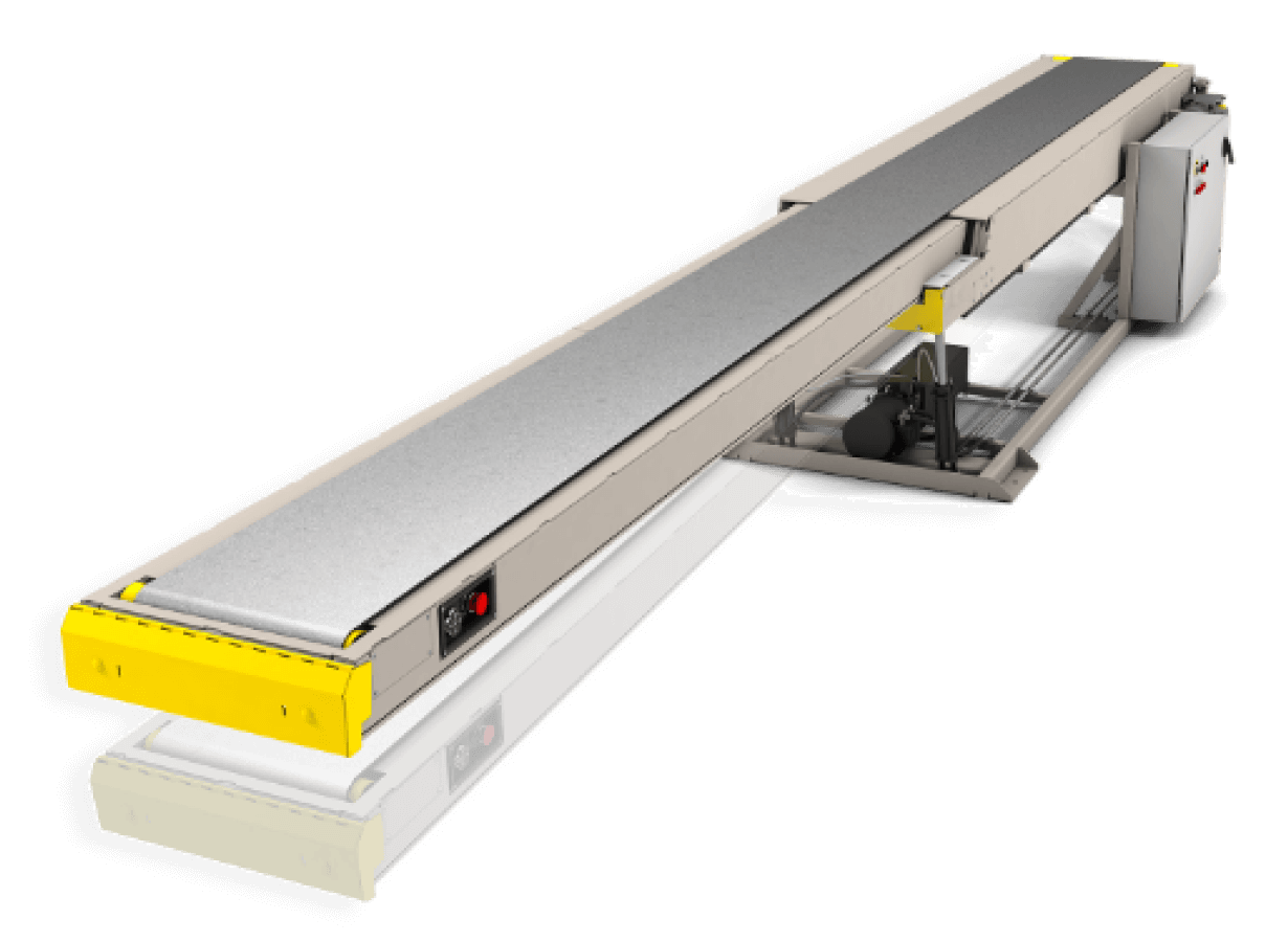 Industrial conveyor belt system with gray belt surface, yellow safety guards, and control panel.