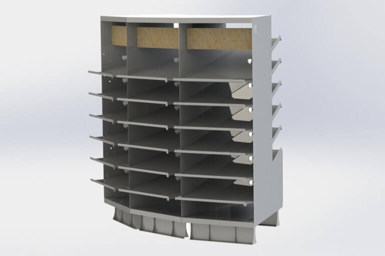Multi-level gray metal sorting unit with angled shelves arranged in three vertical columns, featuring pegboard backing at the top section.