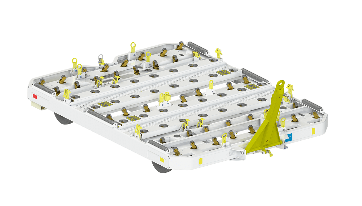 Bravo dolly with multiple roller tracks and yellow securing mechanisms on a wheeled metal base.
