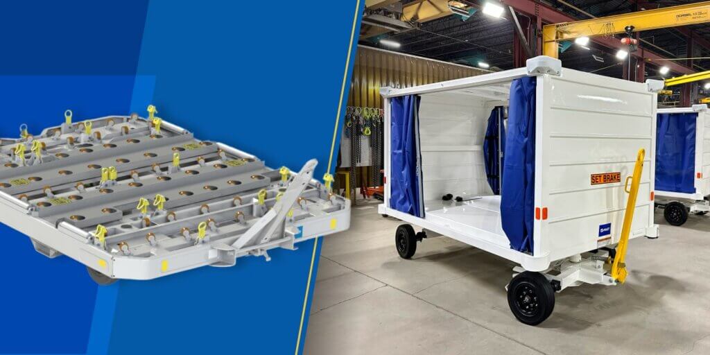 Gray dolly with towbar and white cart with blue curtains and yellow towbar