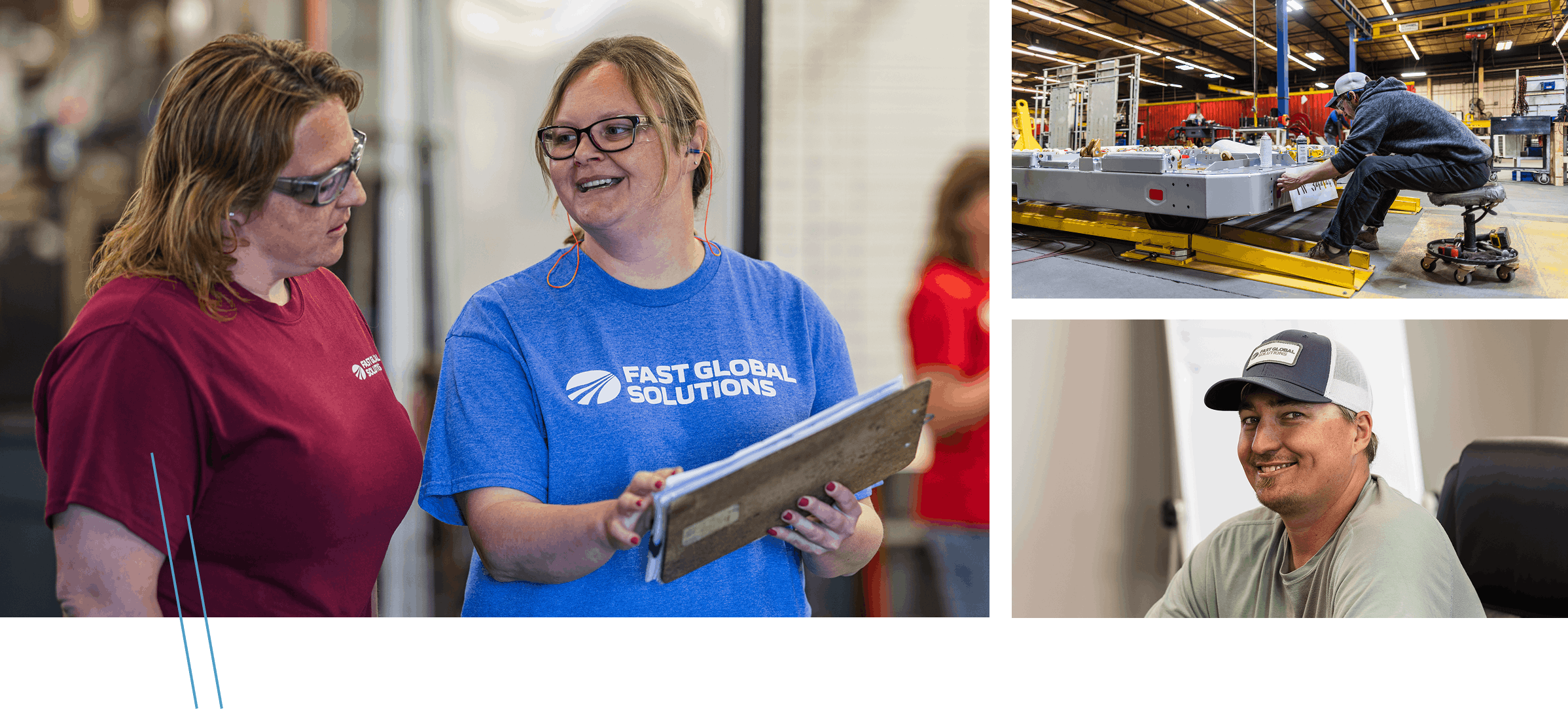 Workers in a manufacturing facility assembling and inspecting industrial metal components.